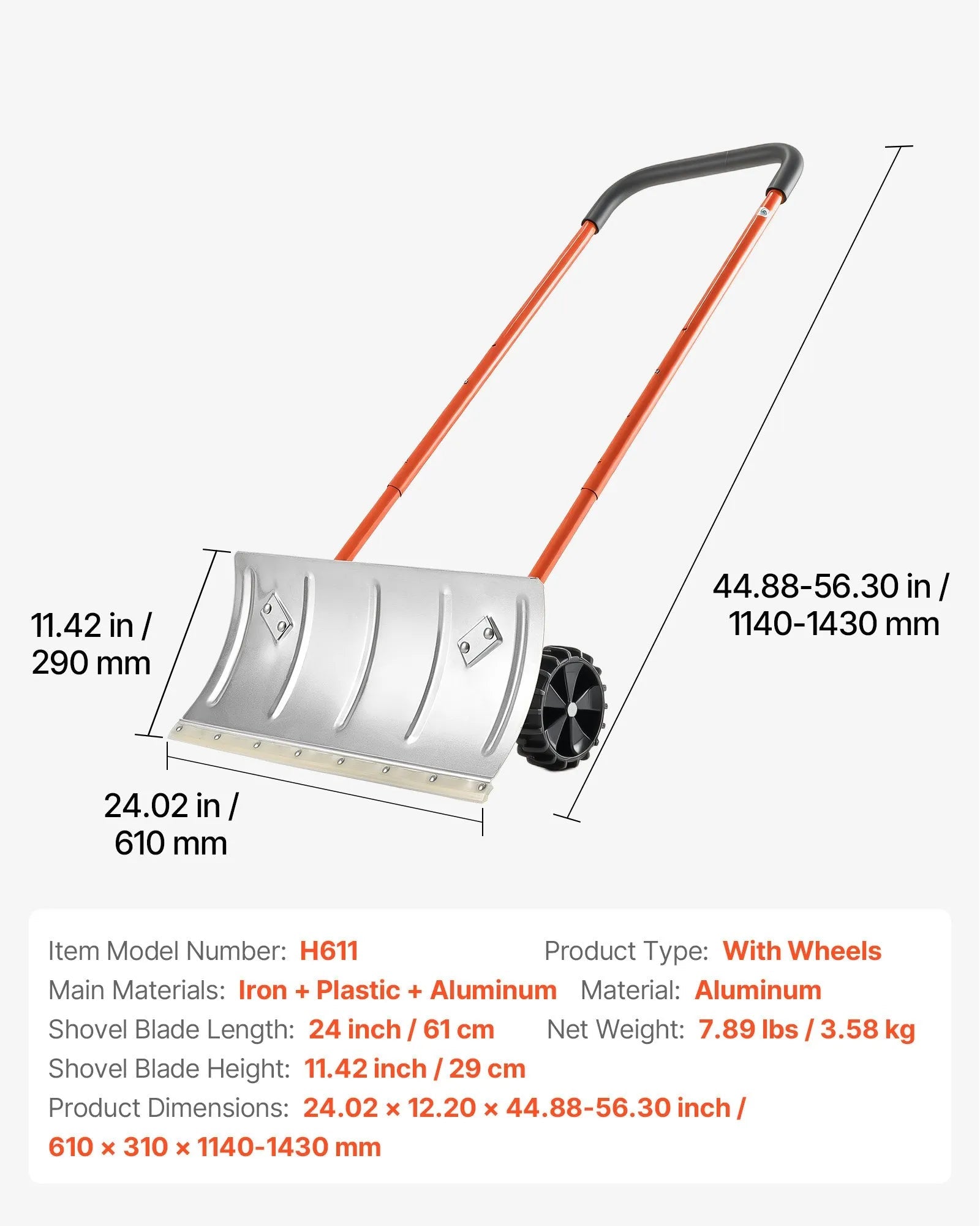 VEVOR Snow Pusher Shovel with Wheels, 24 in Wheeled Snowplow Shovel with Bi-Directional Angled Blade & 90 Degree Adjustable Handle, Metal Winter Shovels, Portable Snow Removal Tool for Driveway Garden 