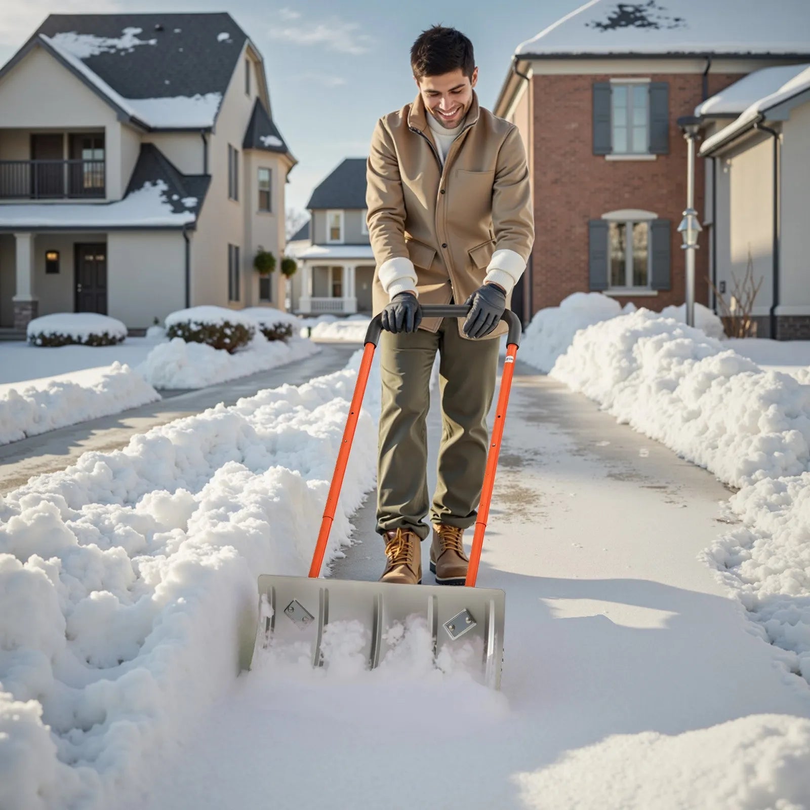 VEVOR Snow Pusher Shovel with Wheels, 24 in Wheeled Snowplow Shovel with Bi-Directional Angled Blade & 90 Degree Adjustable Handle, Metal Winter Shovels, Portable Snow Removal Tool for Driveway Garden 