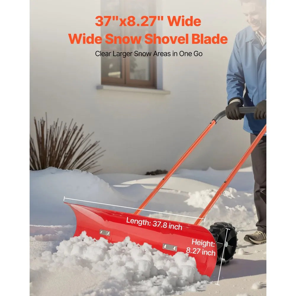 37.8-Inch Wheeled Snow Pusher Shovel with Adjustable Handle and Angled Blade