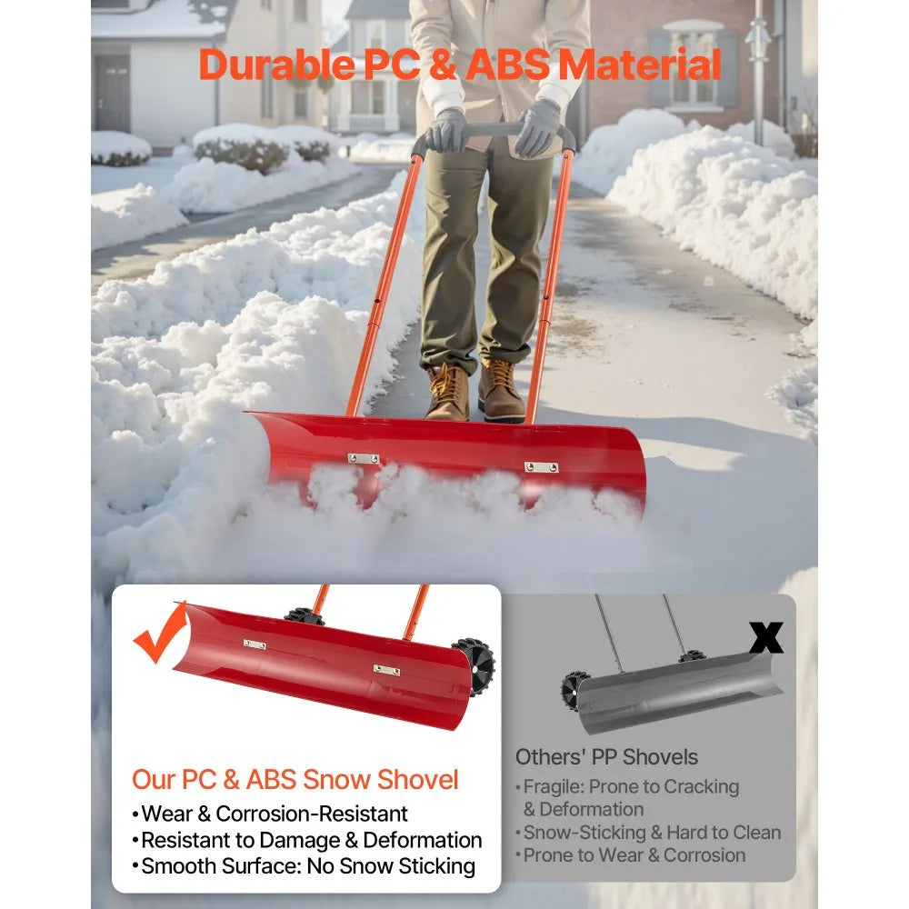 37.8-Inch Wheeled Snow Pusher Shovel with Adjustable Handle and Angled Blade