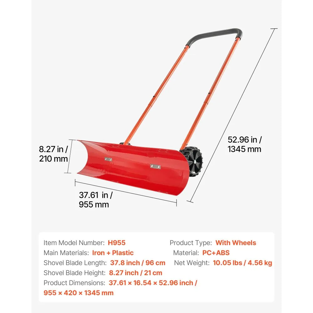 37.8-Inch Wheeled Snow Pusher Shovel with Adjustable Handle and Angled Blade