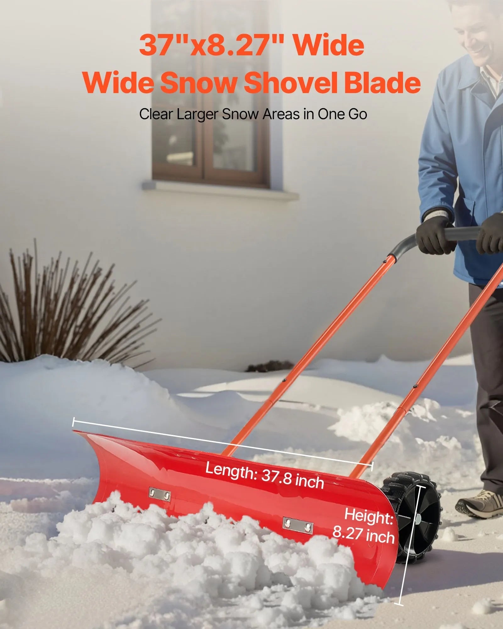 VEVOR Snow Pusher Shovel with Wheels, 37.8 in Wheeled Snowplow Shovel with Bi-Directional Angled Blade & 90° Adjustable Handle, Durable Plastic Winter Shovels, Portable Snow Removal Tool for Driveway 