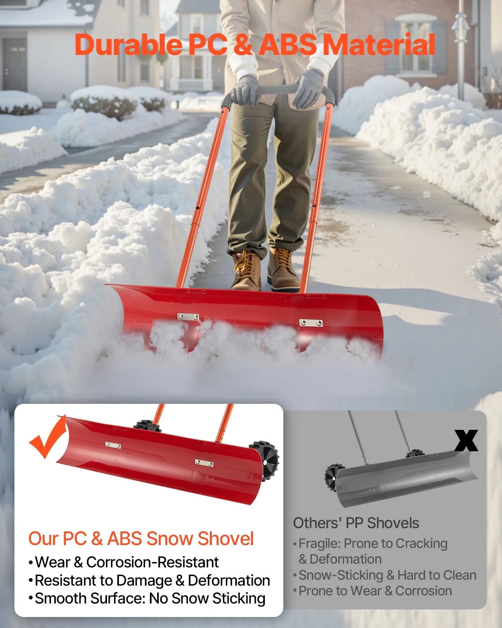 VEVOR Snow Pusher Shovel with Wheels, 37.8 in Wheeled Snowplow Shovel with Bi-Directional Angled Blade & 90° Adjustable Handle, Durable Plastic Winter Shovels, Portable Snow Removal Tool for Driveway 
