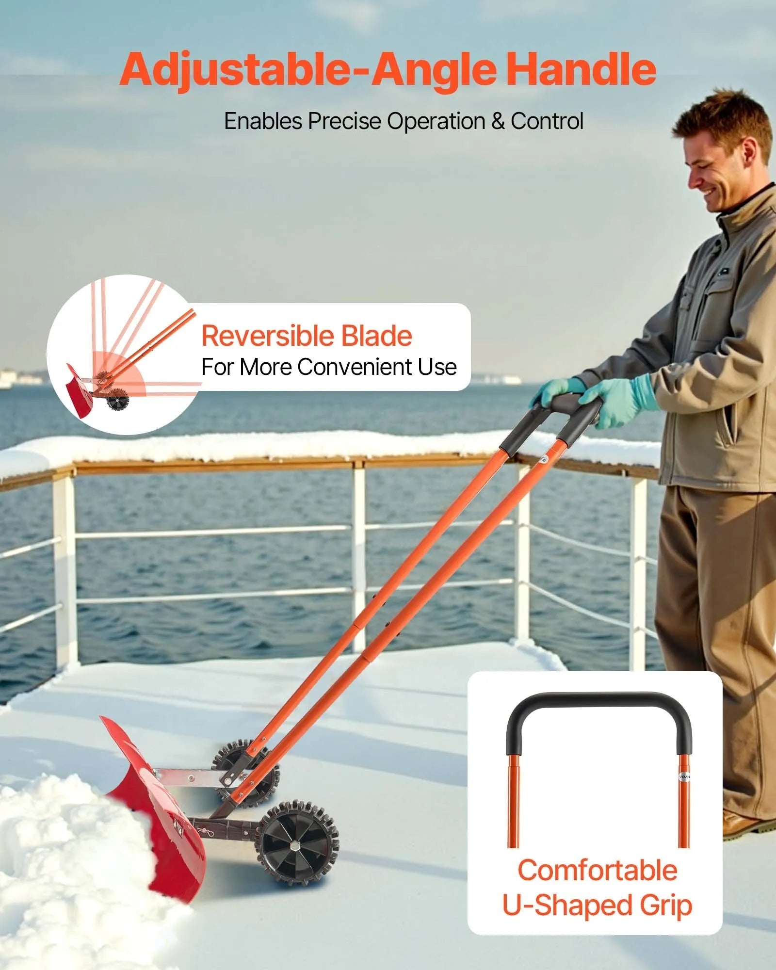 VEVOR Snow Pusher Shovel with Wheels, 37.8 in Wheeled Snowplow Shovel with Bi-Directional Angled Blade & 90° Adjustable Handle, Durable Plastic Winter Shovels, Portable Snow Removal Tool for Driveway 