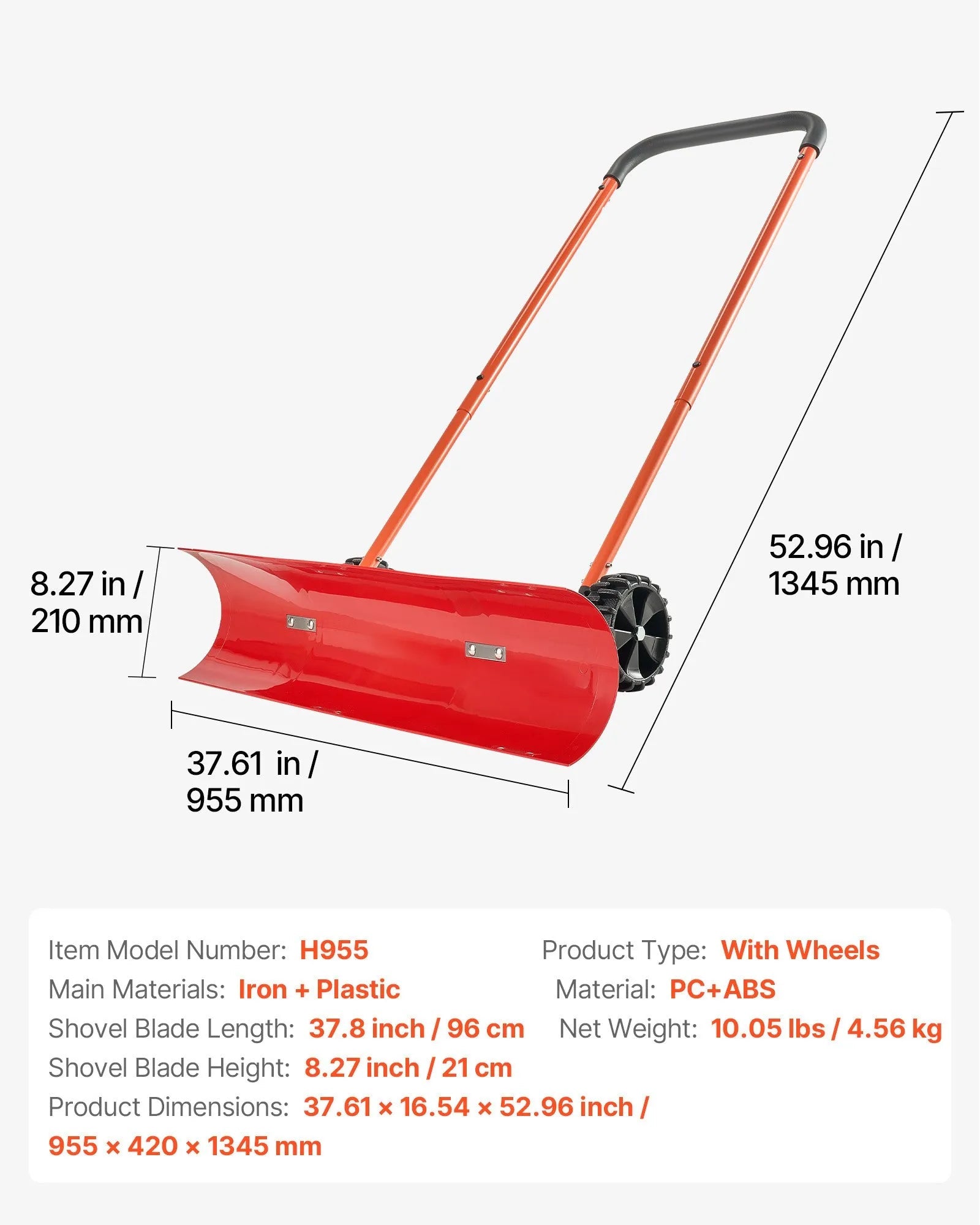 VEVOR Snow Pusher Shovel with Wheels, 37.8 in Wheeled Snowplow Shovel with Bi-Directional Angled Blade & 90° Adjustable Handle, Durable Plastic Winter Shovels, Portable Snow Removal Tool for Driveway 