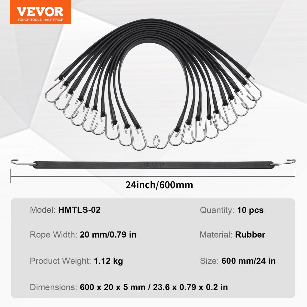 VEVOR 10 Pcs Flat Bungee Cord Set 20 mm Heavy Duty Bungee Straps with S-Hook 