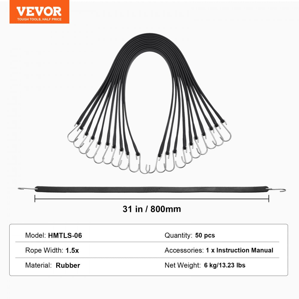 VEVOR 50 Pcs Flat Bungee Cord Set 19.8 mm Heavy Duty Bungee Straps with S-Hook 