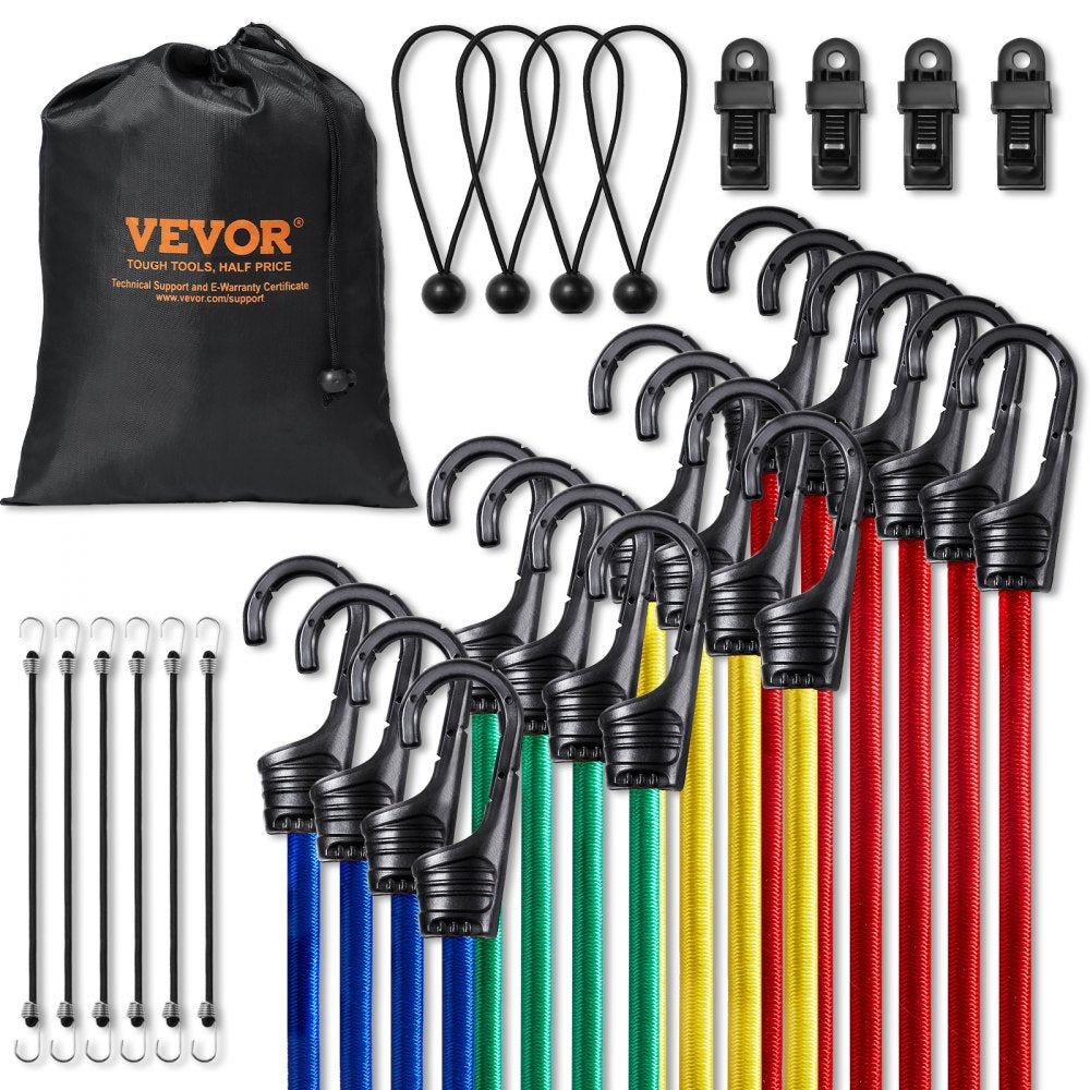 VEVOR 32 Pcs Bungee Cords Set 8 mm Heavy Duty Bungee Straps with A3 Steel Hooks 