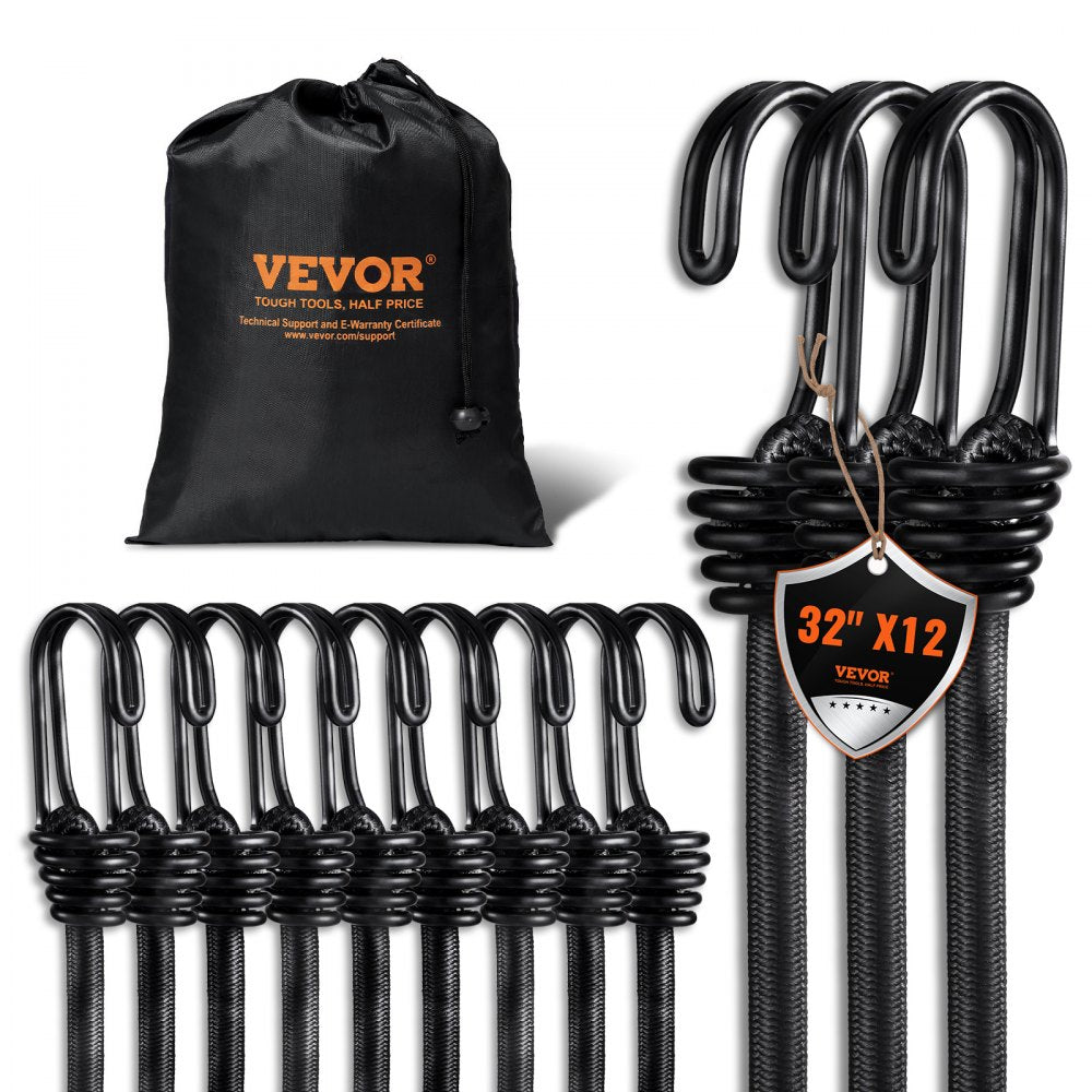VEVOR 12 Pcs Bungee Cords with Hooks 32 In Heavy Duty Bungee Straps 8 mm Black 