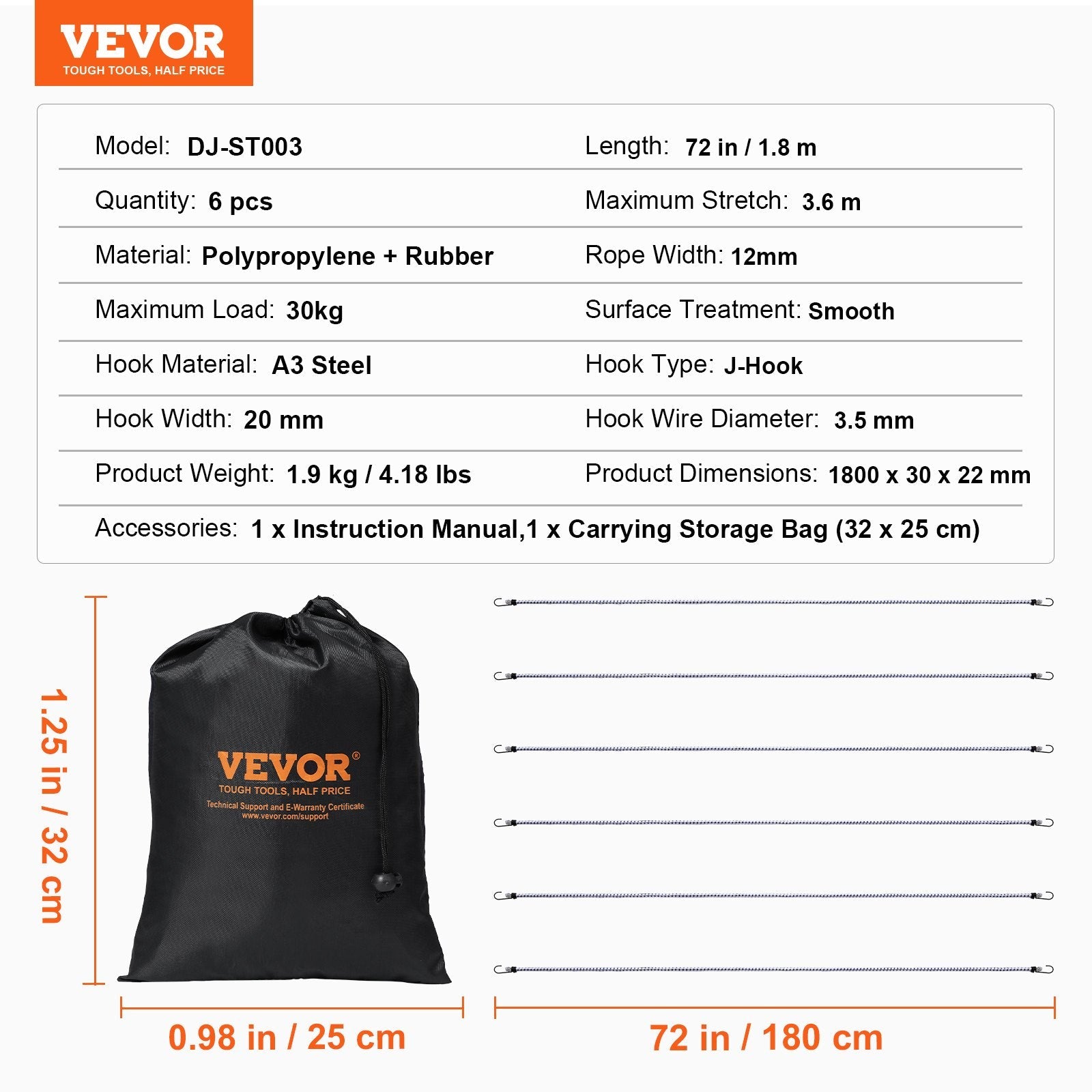 VEVOR 6 Pcs Bungee Cords with A3 Steel Hooks 72" Heavy Duty Bungee Straps 12mm 