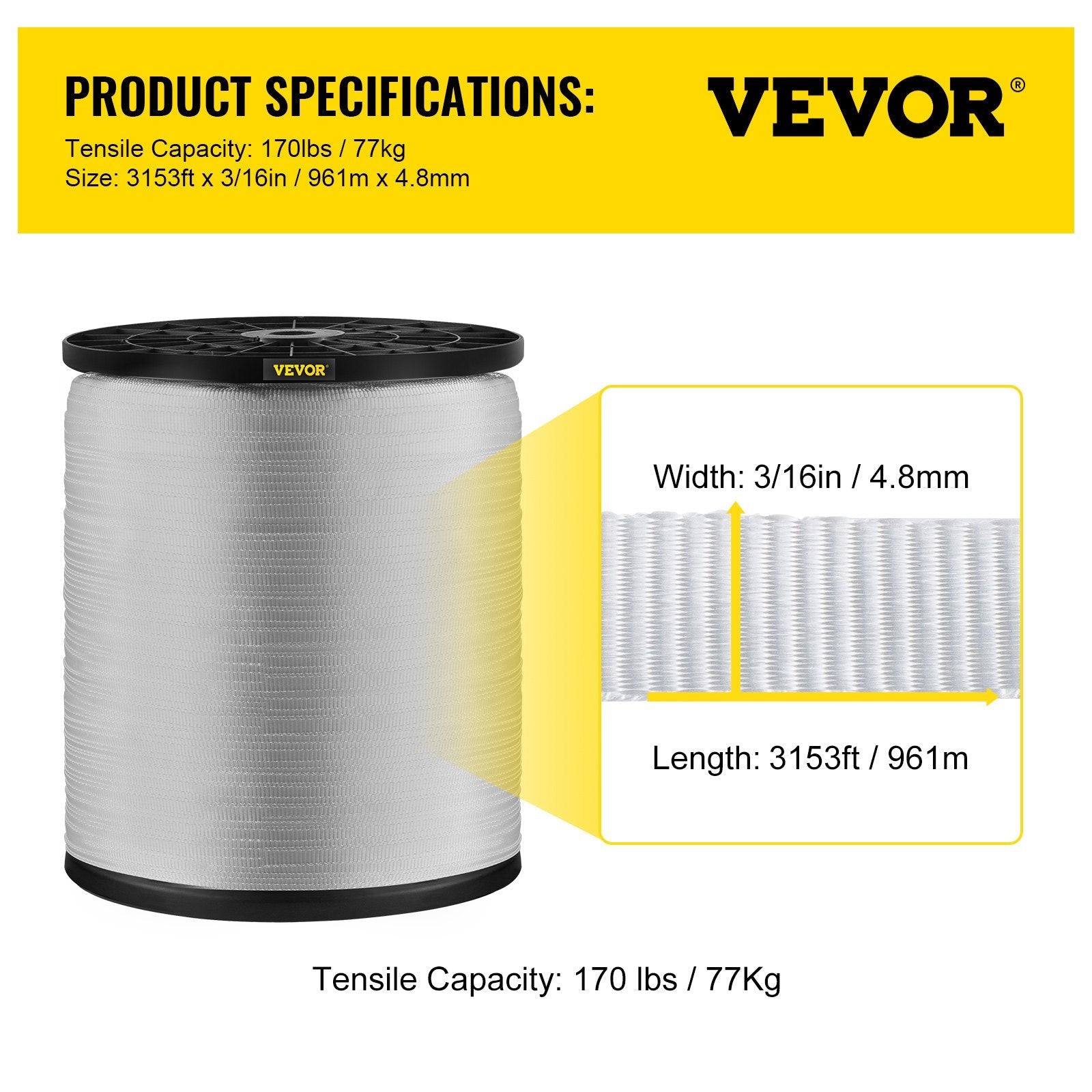 VEVOR 170Lbs Polyester Pull Tape, 3153\' x 3/16\" Flat Tape for Wire & Cable Conduit Work Variable Functions, Flat Rope for Pulling/Loading/Packing in Any Weather CONDITON 