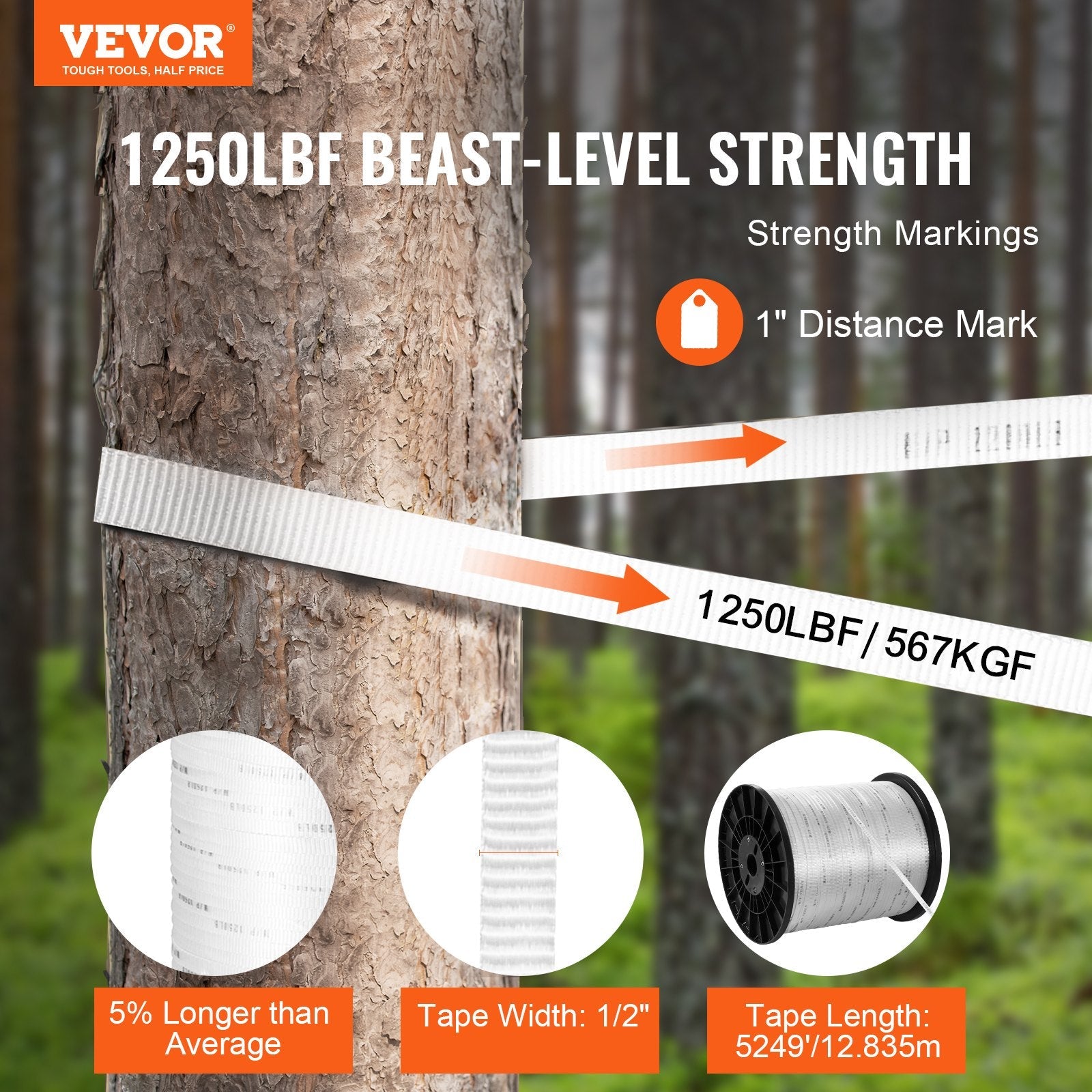 VEVOR Polyester Pull Tape, 1/2" x 5249' Mule Tape Flat Rope, 1250 lbf Tensile Capacity, Printed Webbing Cable Pulling Tape for Packaging, Gardening, Commercial Electrical, Conduit Work, White 