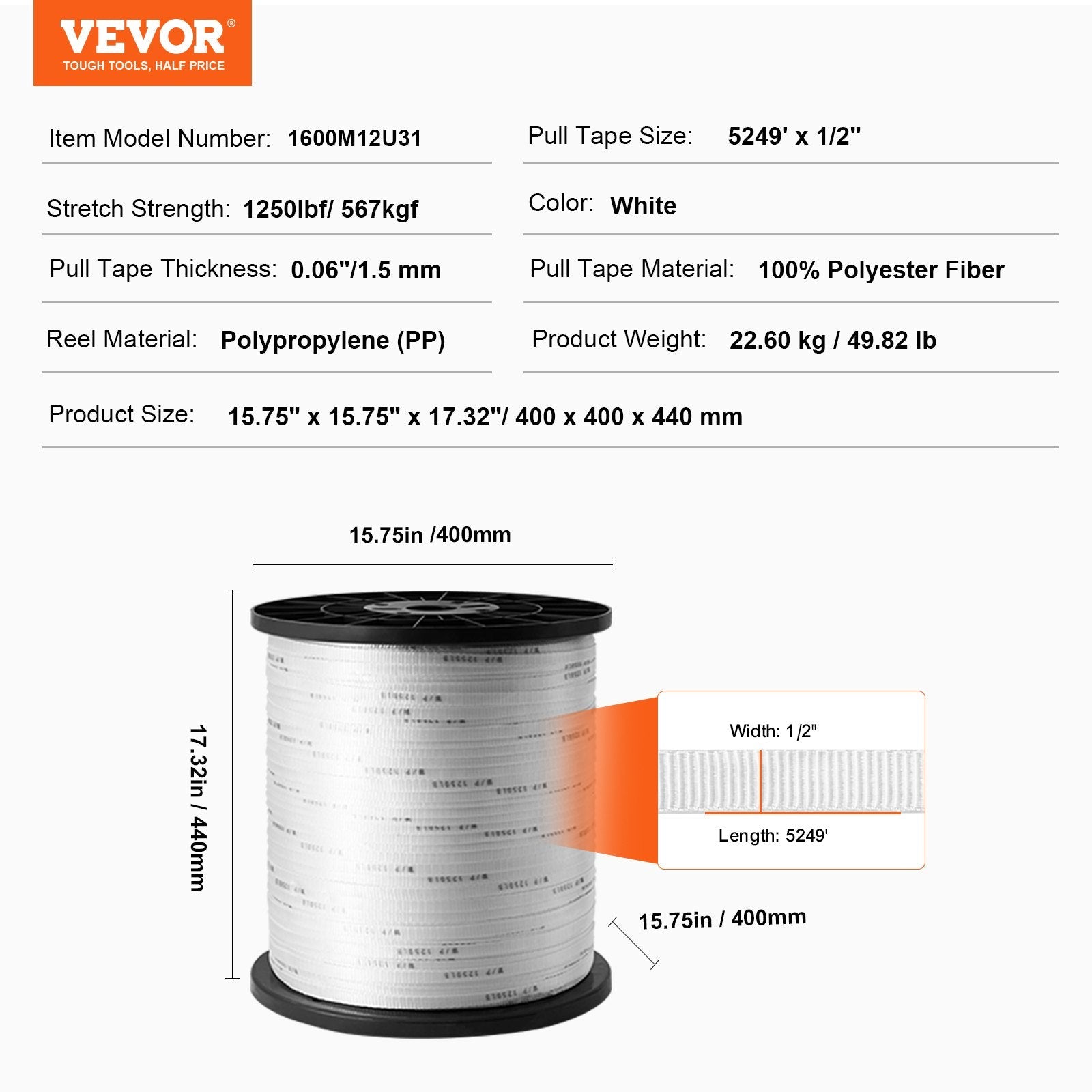 VEVOR Polyester Pull Tape, 1/2" x 5249' Mule Tape Flat Rope, 1250 lbf Tensile Capacity, Printed Webbing Cable Pulling Tape for Packaging, Gardening, Commercial Electrical, Conduit Work, White 
