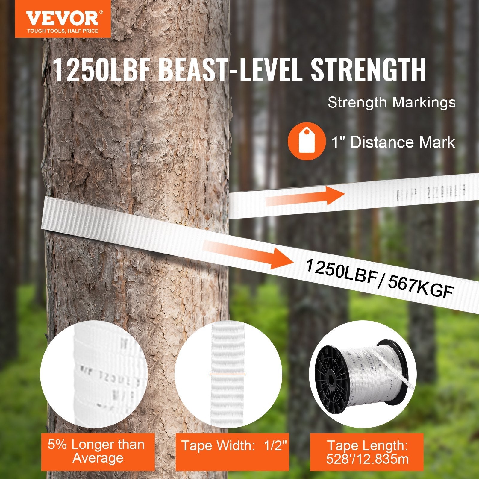 VEVOR Polyester Pull Tape, 1/2" x 528' Mule Tape Flat Rope, 1250 lbf Tensile Capacity, Printed Webbing Cable Pulling Tape for Packaging, Gardening, Commercial Electrical, Conduit Work, White 