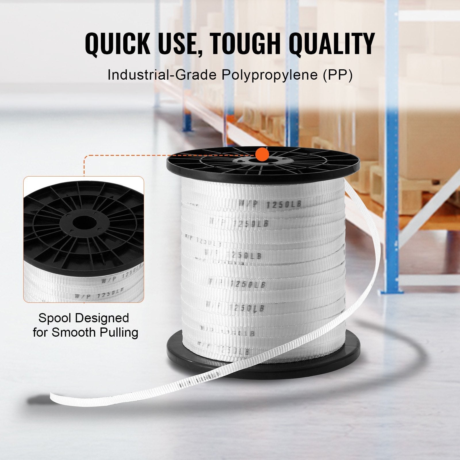 VEVOR Polyester Pull Tape, 1/2" x 528' Mule Tape Flat Rope, 1250 lbf Tensile Capacity, Printed Webbing Cable Pulling Tape for Packaging, Gardening, Commercial Electrical, Conduit Work, White 