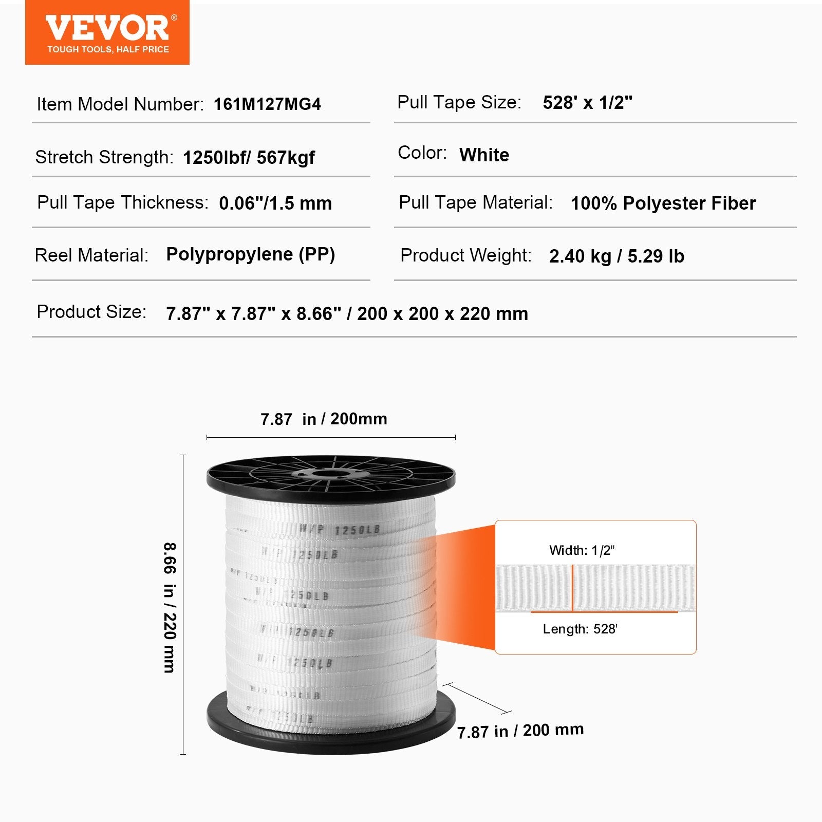 VEVOR Polyester Pull Tape, 1/2" x 528' Mule Tape Flat Rope, 1250 lbf Tensile Capacity, Printed Webbing Cable Pulling Tape for Packaging, Gardening, Commercial Electrical, Conduit Work, White 