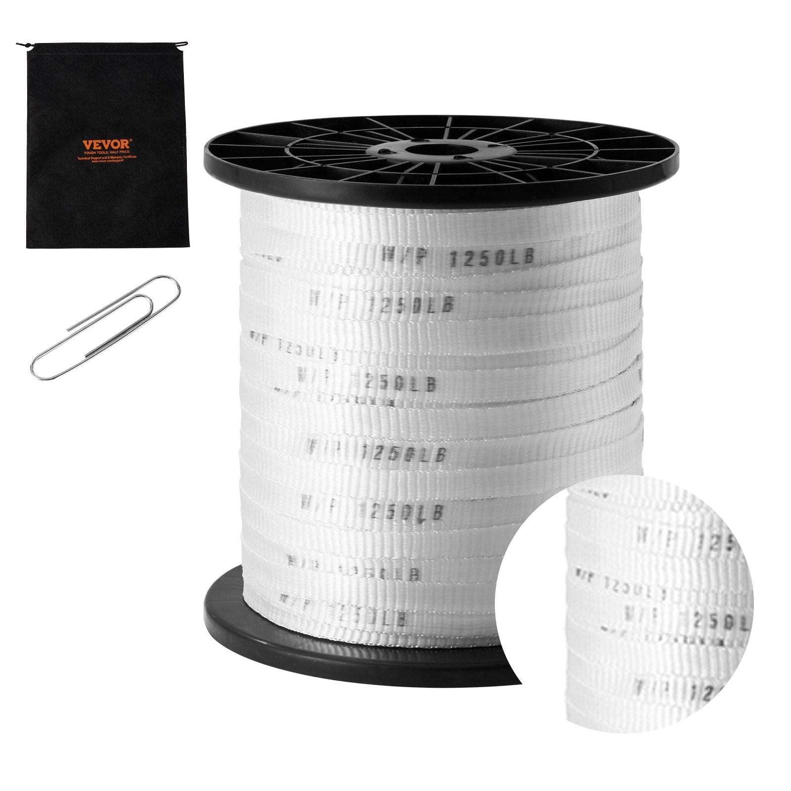 VEVOR Polyester Pull Tape, 1/2" x 528' Mule Tape Flat Rope, 1250 lbf Tensile Capacity, Printed Webbing Cable Pulling Tape for Packaging, Gardening, Commercial Electrical, Conduit Work, White 