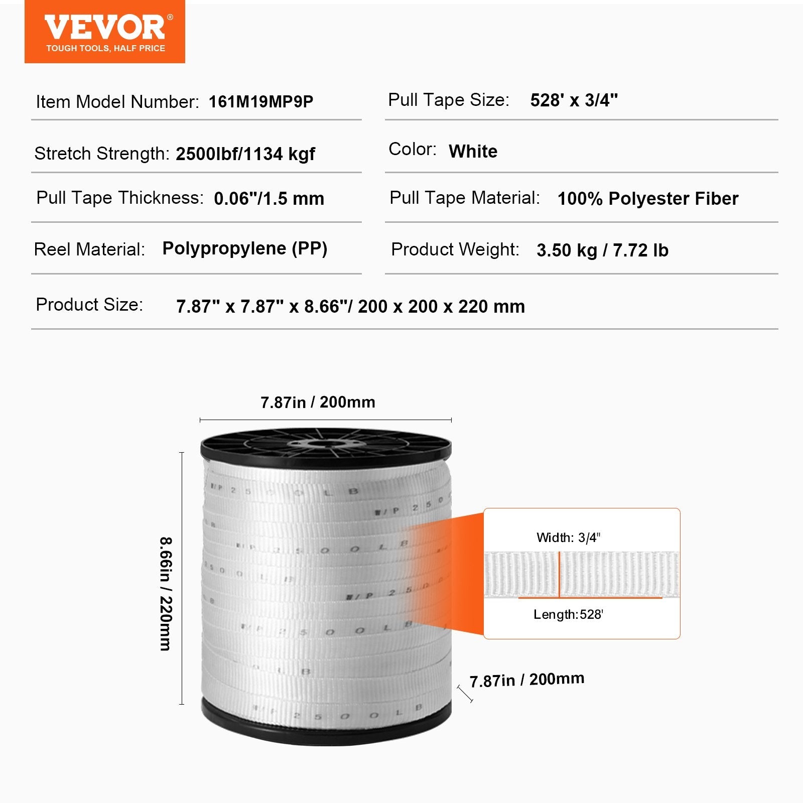 VEVOR Polyester Pull Tape, 3/4" x 528' Mule Tape Flat Rope, 2500 lbf Tensile Capacity, Printed Webbing Cable Pulling Tape for Packaging, Gardening, Commercial Electrical, Conduit Work, White 