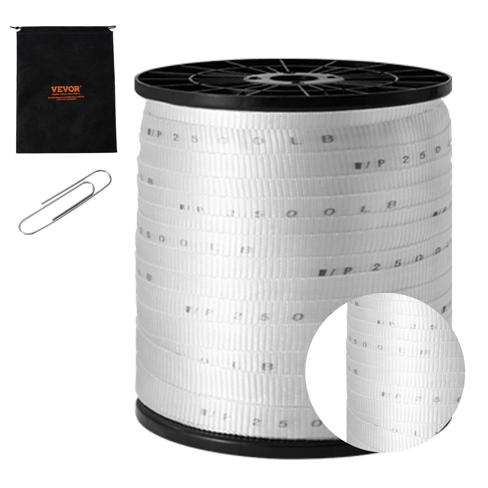 VEVOR Polyester Pull Tape, 3/4" x 528' Mule Tape Flat Rope, 2500 lbf Tensile Capacity, Printed Webbing Cable Pulling Tape for Packaging, Gardening, Commercial Electrical, Conduit Work, White 