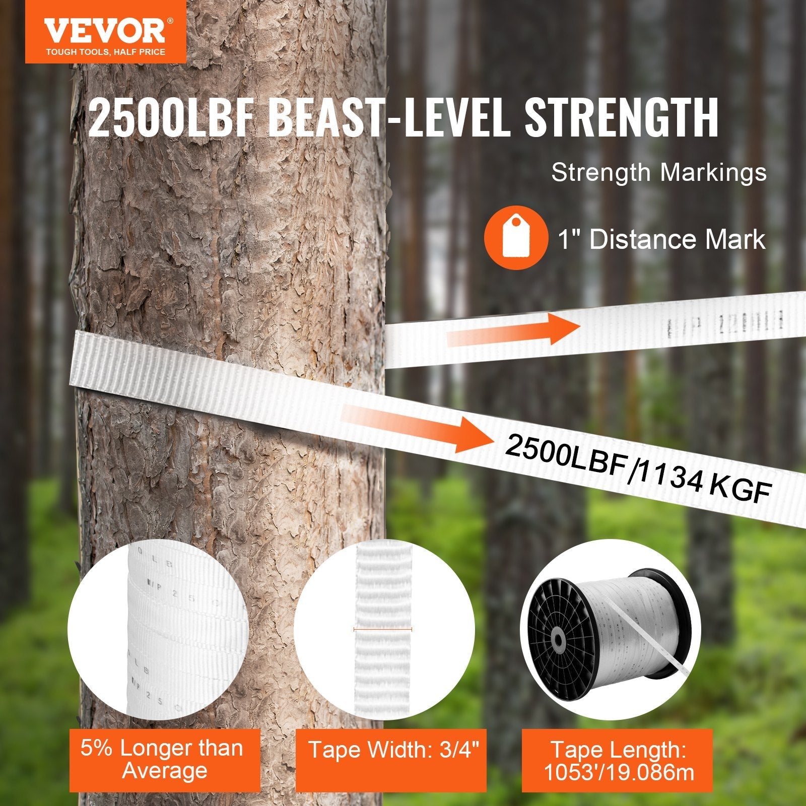 VEVOR Polyester Pull Tape, 3/4" x 1053' Mule Tape Flat Rope, 2500 lbf Tensile Capacity, Printed Webbing Cable Pulling Tape for Packaging, Gardening, Commercial Electrical, Conduit Work, White 