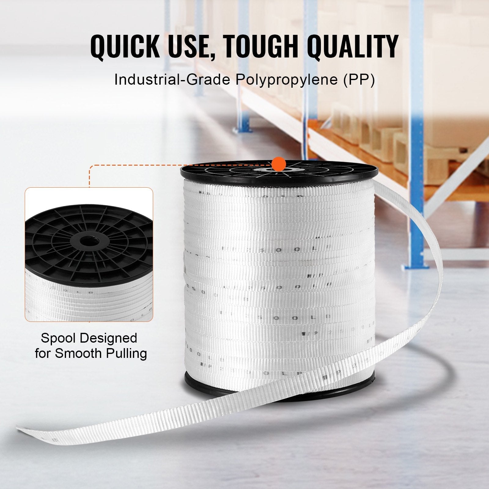 VEVOR Polyester Pull Tape, 3/4" x 1053' Mule Tape Flat Rope, 2500 lbf Tensile Capacity, Printed Webbing Cable Pulling Tape for Packaging, Gardening, Commercial Electrical, Conduit Work, White 