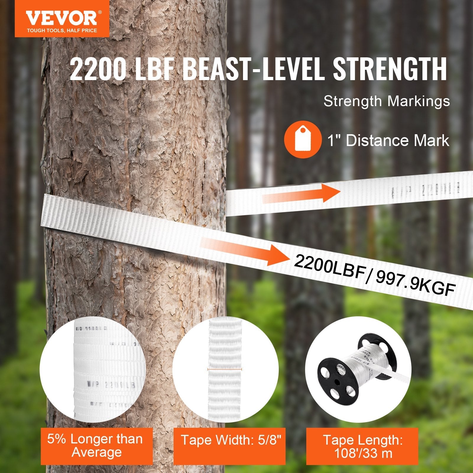 VEVOR Polyester Pull Tape, 5/8" x 108' Mule Tape Flat Rope, 2200 lbf Tensile Capacity, Printed Webbing Cable Pulling Tape for Packaging, Gardening, Commercial Electrical, Conduit Work, White 