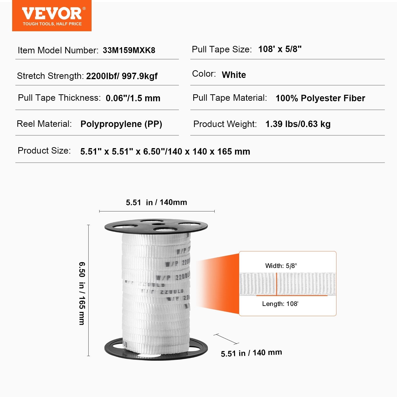 VEVOR Polyester Pull Tape, 5/8" x 108' Mule Tape Flat Rope, 2200 lbf Tensile Capacity, Printed Webbing Cable Pulling Tape for Packaging, Gardening, Commercial Electrical, Conduit Work, White 