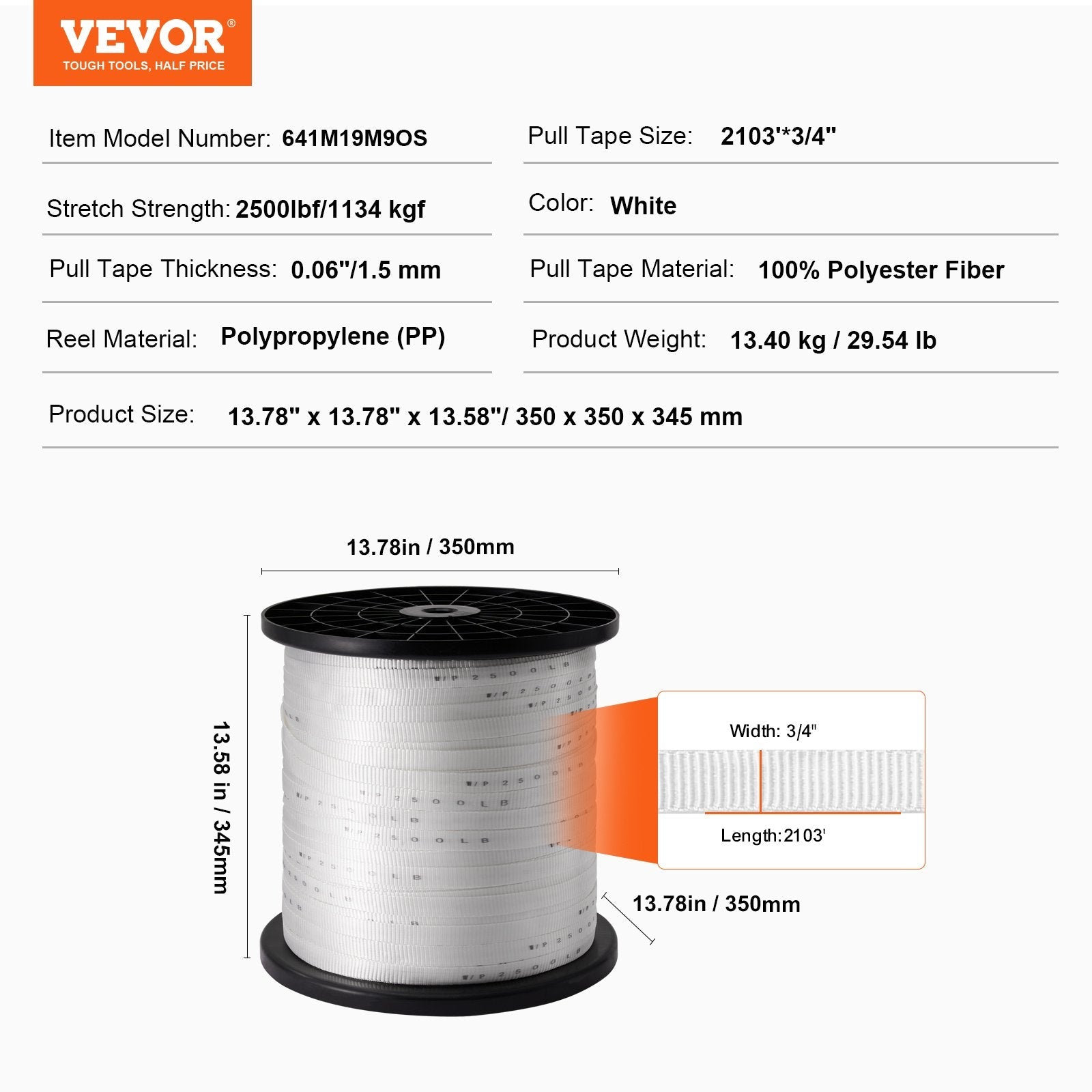 VEVOR Polyester Pull Tape, 3/4" x 2103' Mule Tape Flat Rope, 2500 lbf Tensile Capacity, Printed Webbing Cable Pulling Tape for Packaging, Gardening, Commercial Electrical, Conduit Work, White 
