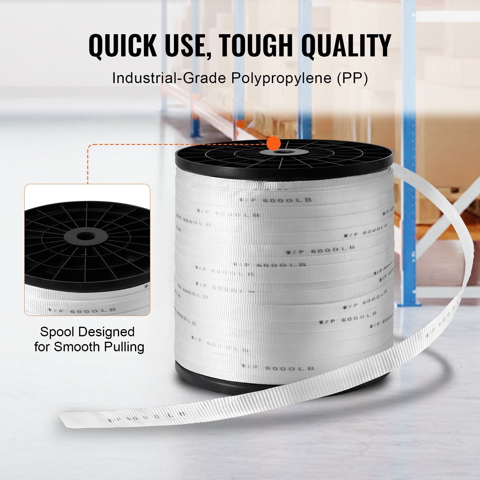 VEVOR Polyester Pull Tape, 1" x 2103' Mule Tape Flat Rope, 6000 lbf Tensile Capacity, Printed Webbing Cable Pulling Tape for Packaging, Gardening, Commercial Electrical, Conduit Work, White 