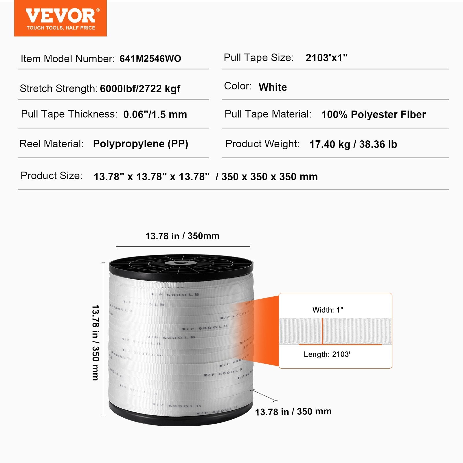 VEVOR Polyester Pull Tape, 1" x 2103' Mule Tape Flat Rope, 6000 lbf Tensile Capacity, Printed Webbing Cable Pulling Tape for Packaging, Gardening, Commercial Electrical, Conduit Work, White 