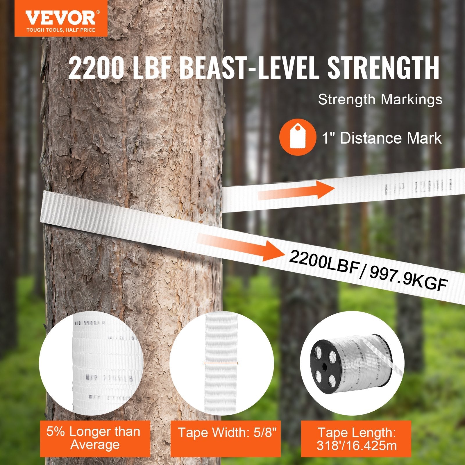 VEVOR Polyester Pull Tape, 5/8" x 318' Mule Tape Flat Rope, 2200 lbf Tensile Capacity, Printed Webbing Cable Pulling Tape for Packaging, Gardening, Commercial Electrical, Conduit Work, White 