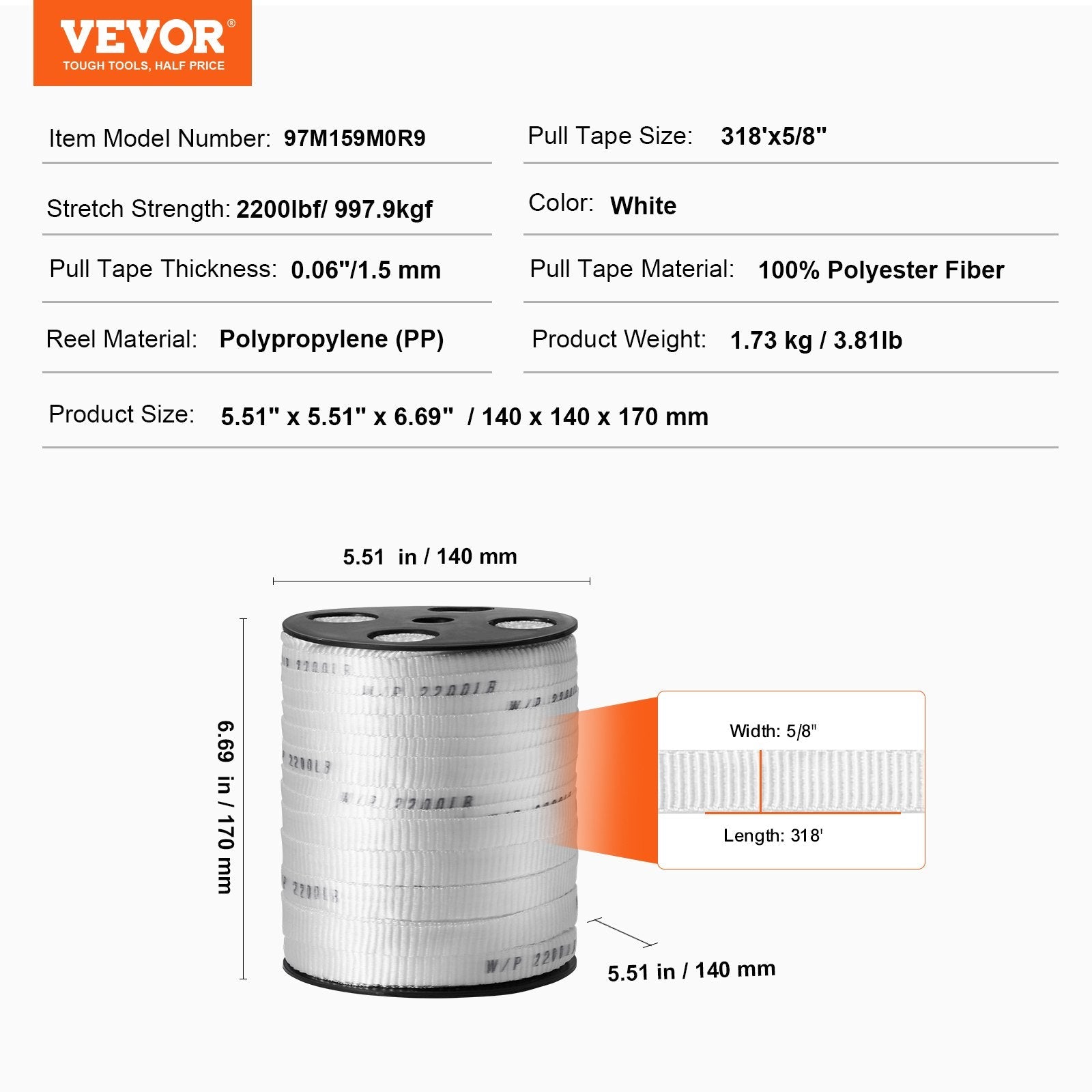 VEVOR Polyester Pull Tape, 5/8" x 318' Mule Tape Flat Rope, 2200 lbf Tensile Capacity, Printed Webbing Cable Pulling Tape for Packaging, Gardening, Commercial Electrical, Conduit Work, White 