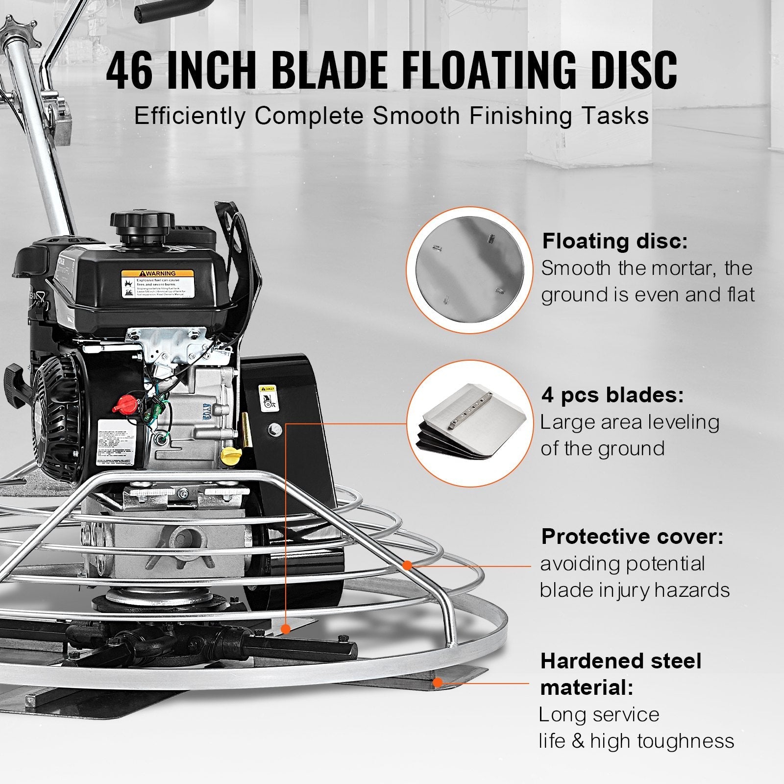 VEVOR Power Walk-Behind Cement Trowel 46” 14HP Gas-Powered with Float Pan Blade 