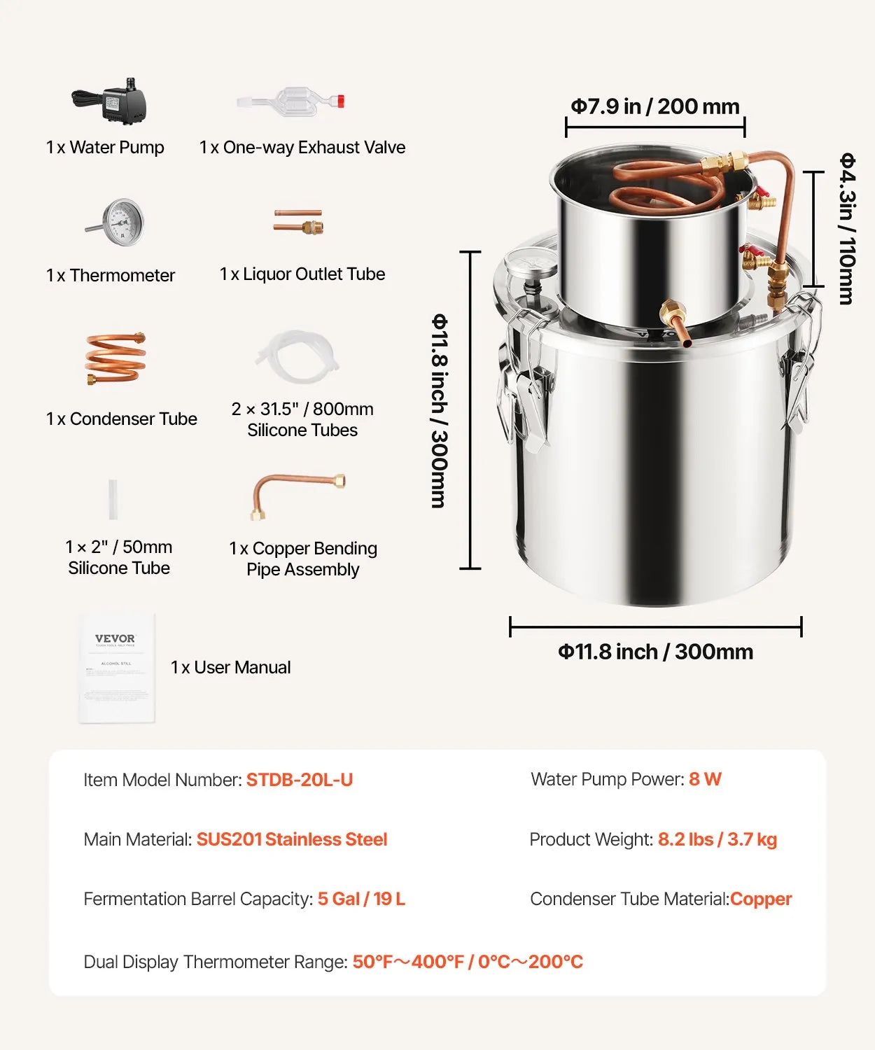 VEVOR Moonshine Still 5 Gal Water Alcohol Distiller Brewing Kit Stainless Steel