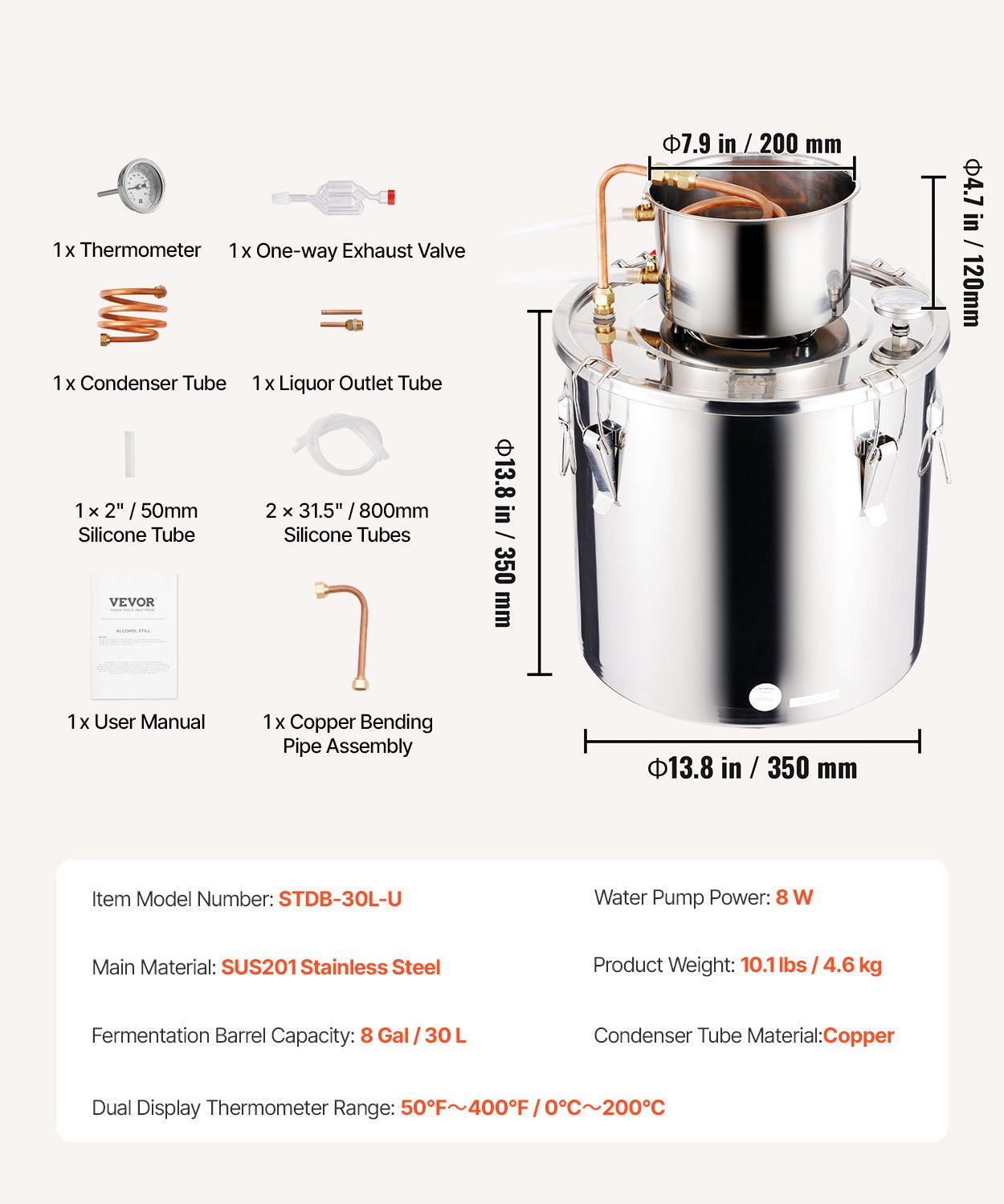 VEVOR Moonshine Still 8 Gal Water Alcohol Distiller Brewing Kit Stainless Steel 