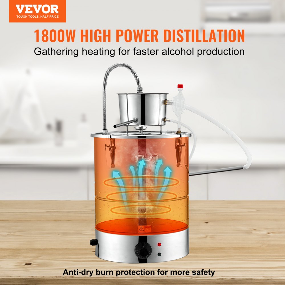 VEVOR Alcohol Still, 9 Gal 30L Water Alcohol Distiller, Home Distillery Kit include Stainless Steel Tube & Pump & One-way Exhaust Valve & Thermometer (30-120? ) for DIY Whisky Wine Brandy, Silver 