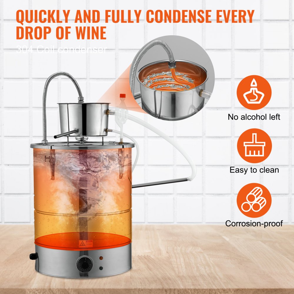 VEVOR Alcohol Still, 9 Gal 30L Water Alcohol Distiller, Home Distillery Kit include Stainless Steel Tube & Pump & One-way Exhaust Valve & Thermometer (30-120? ) for DIY Whisky Wine Brandy, Silver 