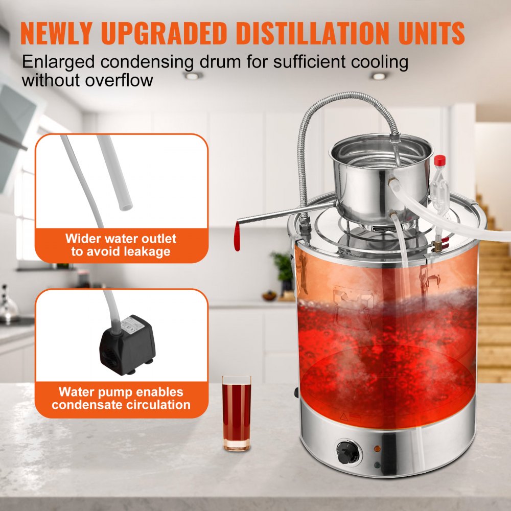 VEVOR Alcohol Still, 9 Gal 30L Water Alcohol Distiller, Home Distillery Kit include Stainless Steel Tube & Pump & One-way Exhaust Valve & Thermometer (30-120? ) for DIY Whisky Wine Brandy, Silver 