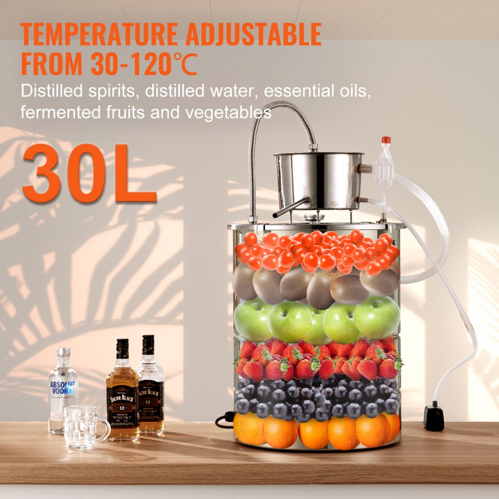 VEVOR Alcohol Still, 9 Gal 30L Water Alcohol Distiller, Home Distillery Kit include Stainless Steel Tube & Pump & One-way Exhaust Valve & Thermometer (30-120? ) for DIY Whisky Wine Brandy, Silver 