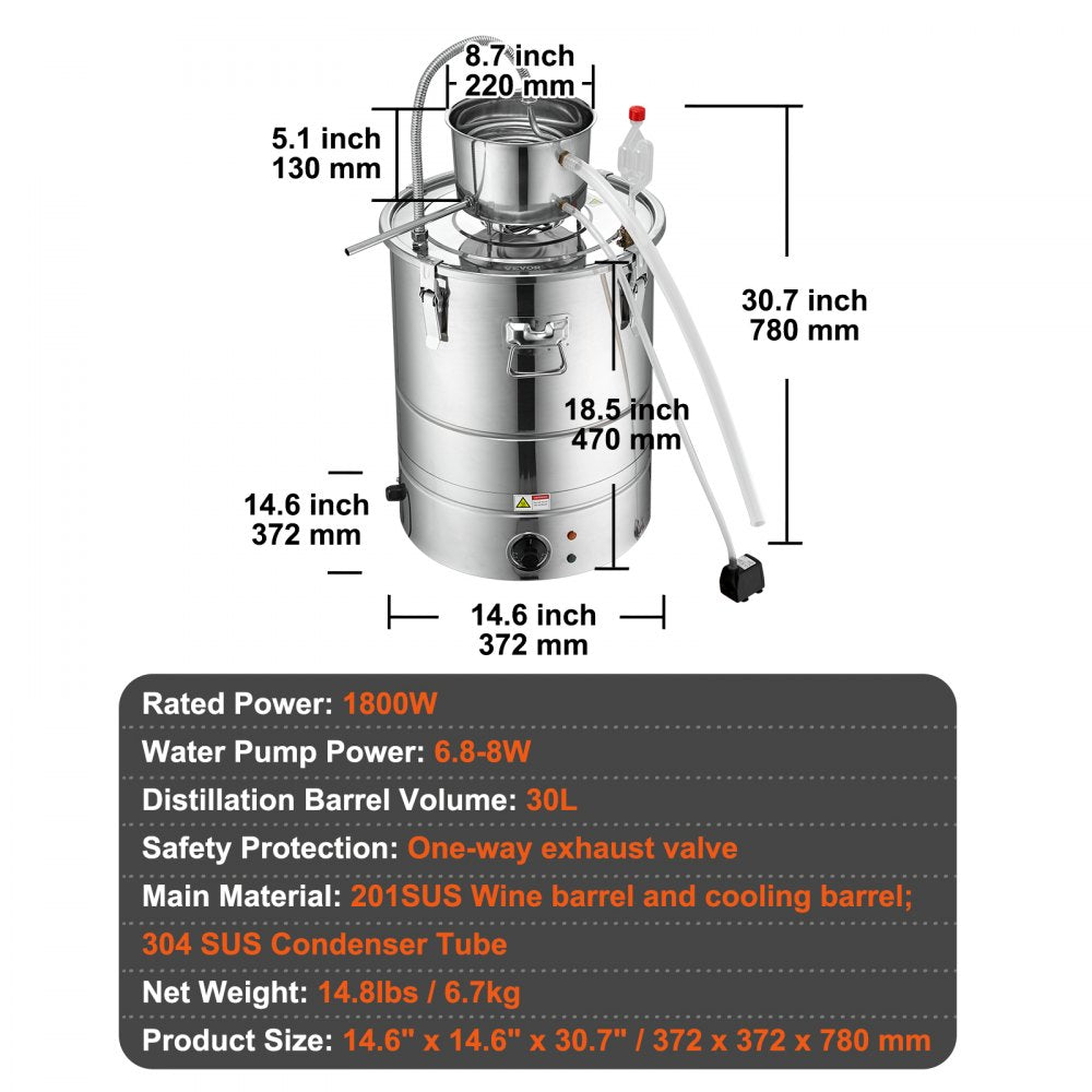VEVOR Alcohol Still, 9 Gal 30L Water Alcohol Distiller, Home Distillery Kit include Stainless Steel Tube & Pump & One-way Exhaust Valve & Thermometer (30-120? ) for DIY Whisky Wine Brandy, Silver 