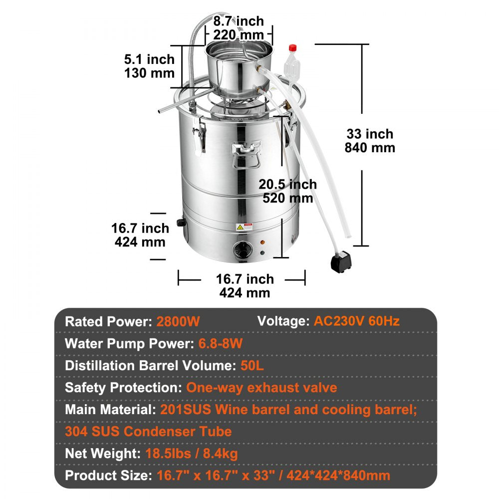 VEVOR Alcohol Still, 15 Gal 50L Water Alcohol Distiller, Home Distillery Kit include Stainless Steel Tube & Pump & One-way Exhaust Valve & Thermometer (30-120? ) for DIY Whisky Wine Brandy, Silver 