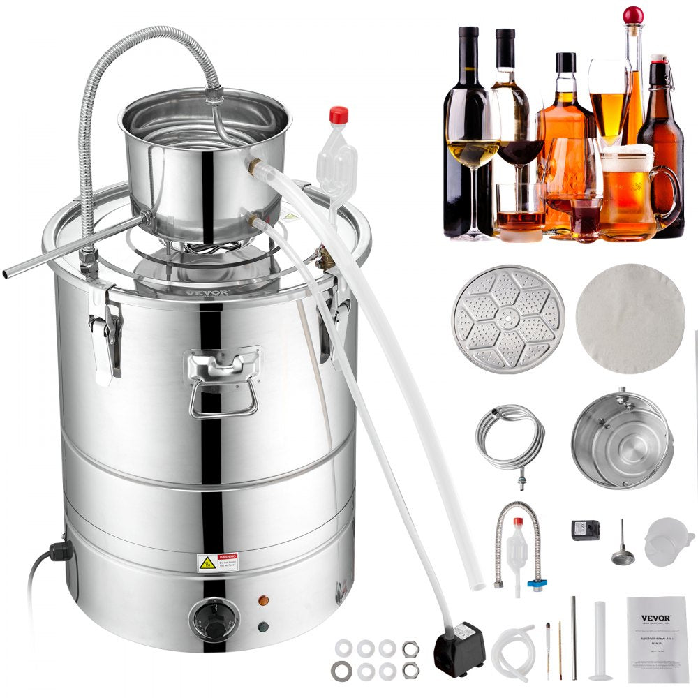 VEVOR Alcohol Still, 15 Gal 50L Water Alcohol Distiller, Home Distillery Kit include Stainless Steel Tube & Pump & One-way Exhaust Valve & Thermometer (30-120? ) for DIY Whisky Wine Brandy, Silver 
