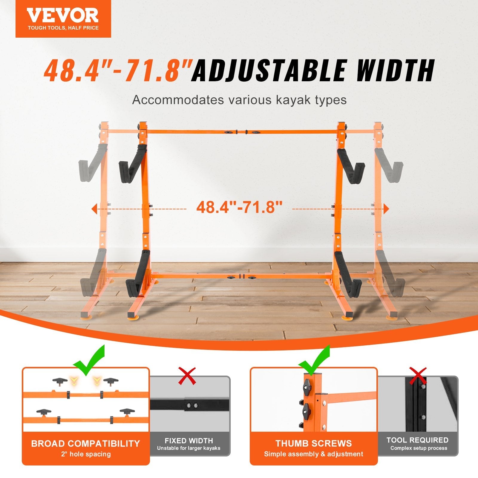 VEVOR Freestanding Kayak Storage Rack, Kayak Stand for 2 Kayak Canoe Paddleboard, Heavy-duty Steel Kayak Hanger Holder with Padded Arms and Adjustable Width, 175LBS Max Load, for Indoor Outdoor Garage 