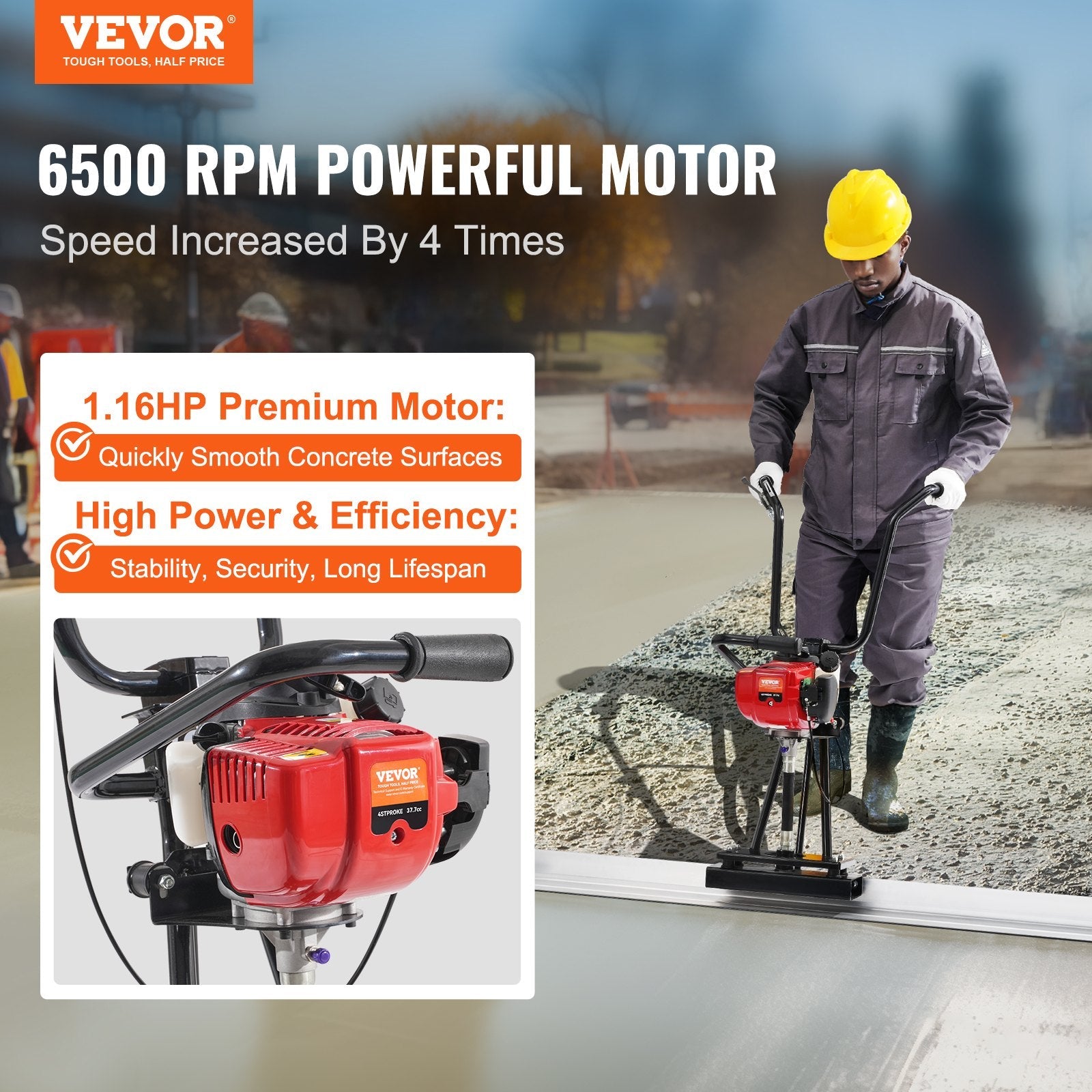 VEVOR Gas Concrete Power Screed, 8ft Aluminum Board Straight Edge Bar Set, 4 Stroke Cement Finishing Vibrating Motor with Height Adjustable Handles, High Efficient Concrete Tools 6500RPM 