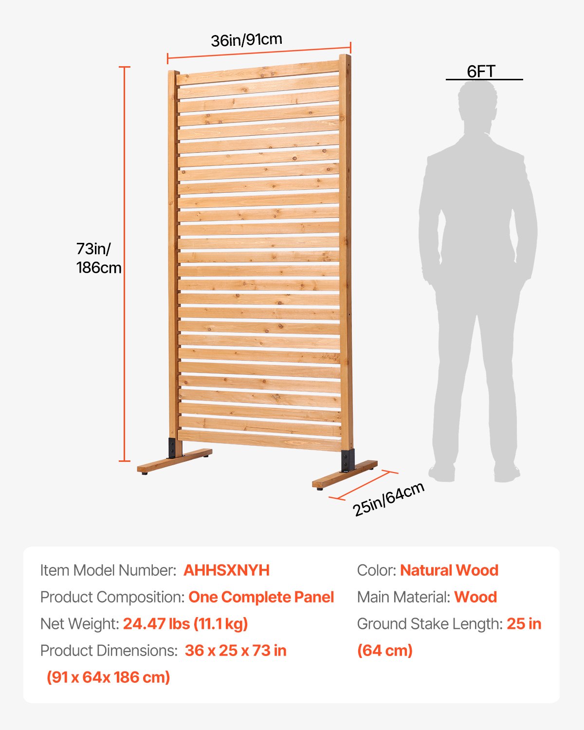 VEVOR Wooden Privacy Screen 36" x 76" Freestanding Outdoor Privacy Screen 