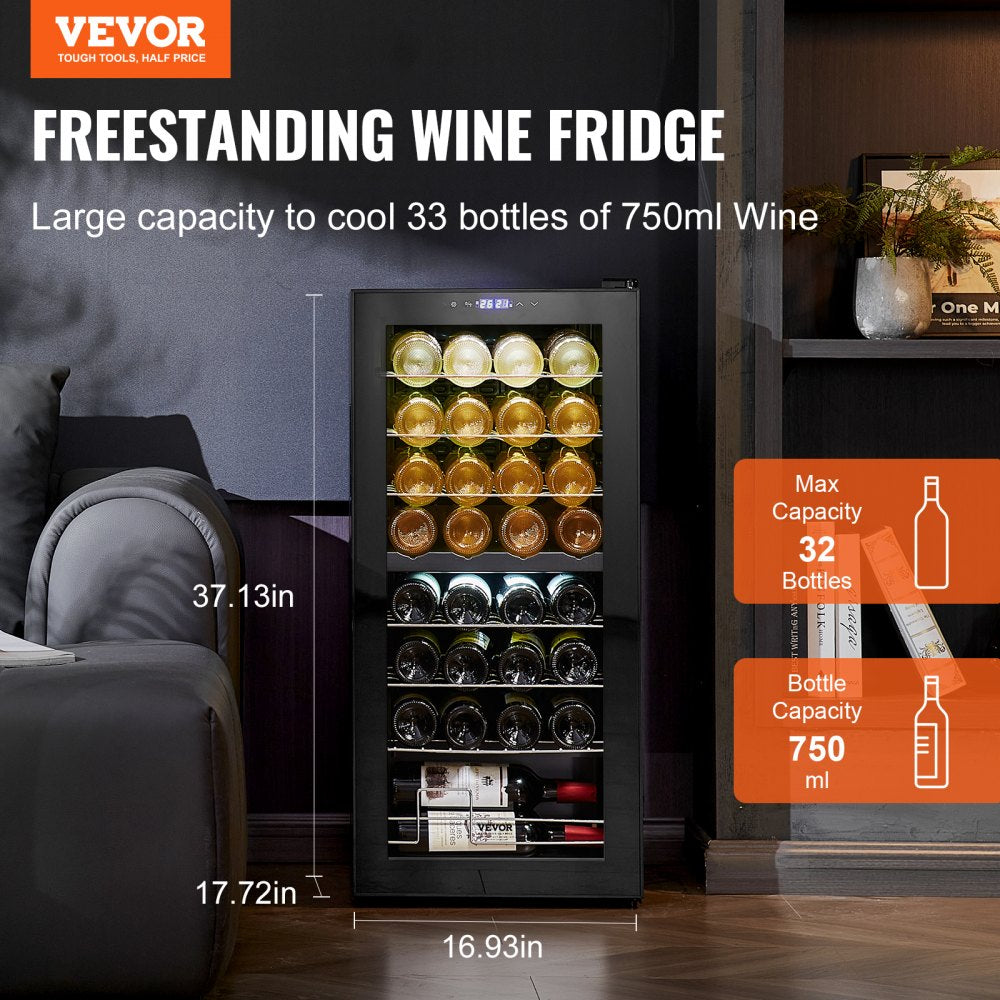 VEVOR 32-Bottle Wine Cooler Dual Zone Freestanding Refrigerator with LED Light 