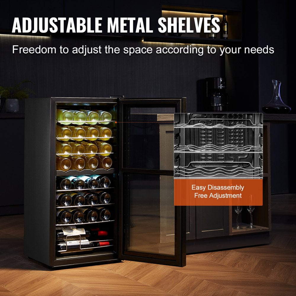 VEVOR 32-Bottle Wine Cooler Dual Zone Freestanding Refrigerator with LED Light 