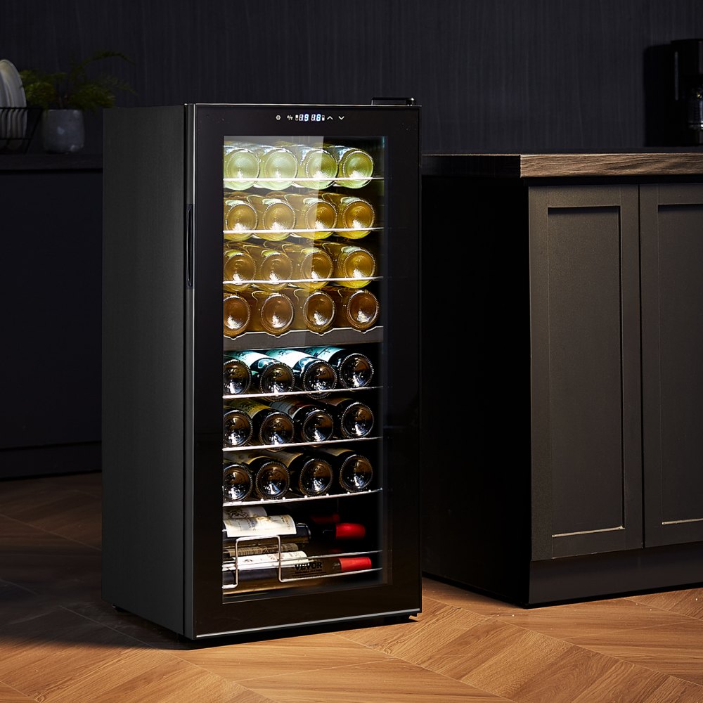 VEVOR 32-Bottle Wine Cooler Dual Zone Freestanding Refrigerator with LED Light 