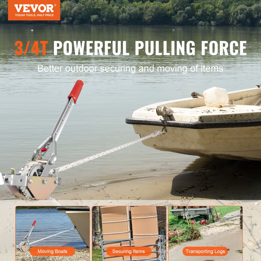 VEVOR Rope Puller, 3/4 Ton (1,653 lbs) Pulling Capacity, with 100' of 0.6" dia. Rope, 2 Hook, Come Along Winch, Heavy Duty Ratchet Power Puller Tool for Moving Boats, Securing Items, Transporting Logs 