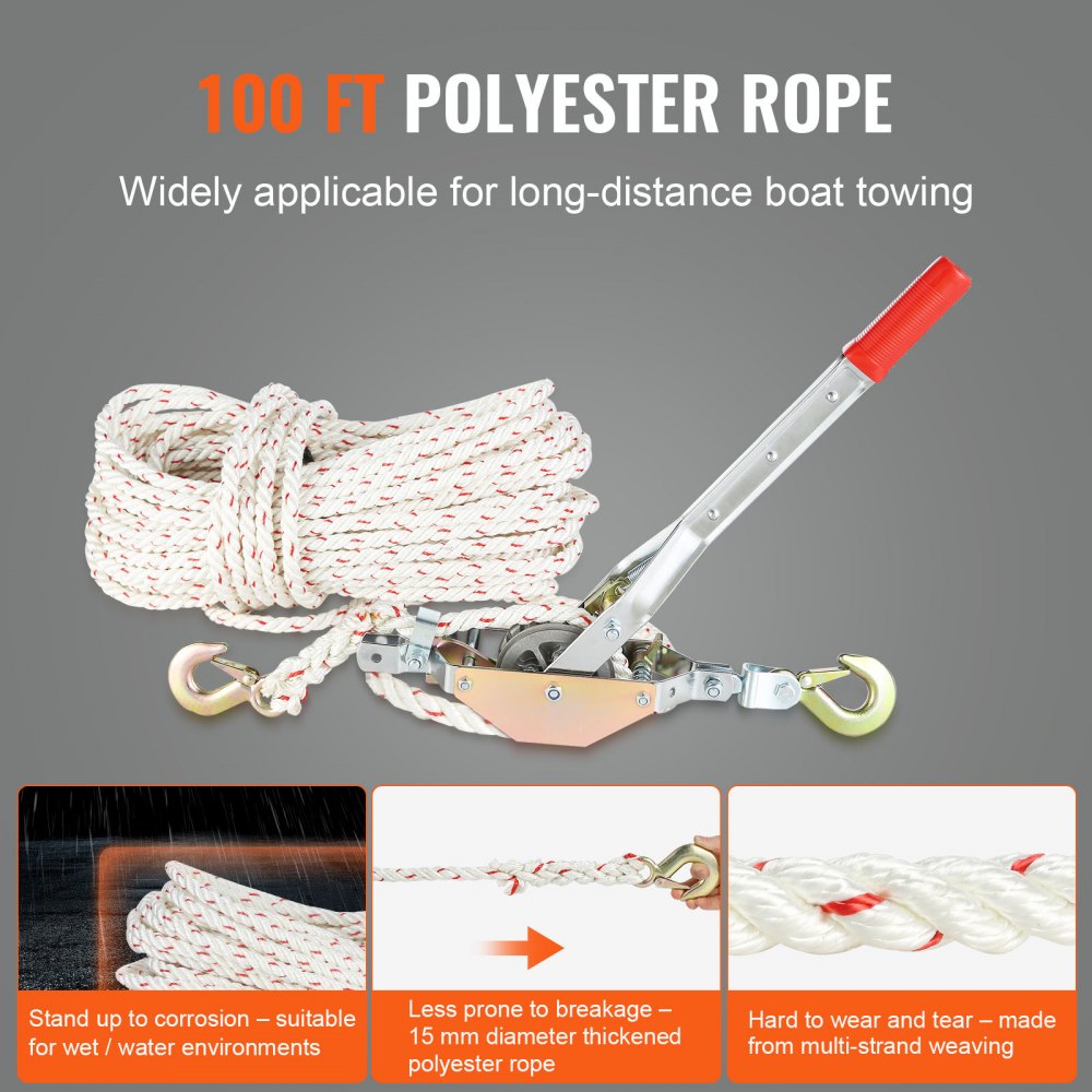 VEVOR Rope Puller, 3/4 Ton (1,653 lbs) Pulling Capacity, with 100' of 0.6" dia. Rope, 2 Hook, Come Along Winch, Heavy Duty Ratchet Power Puller Tool for Moving Boats, Securing Items, Transporting Logs 